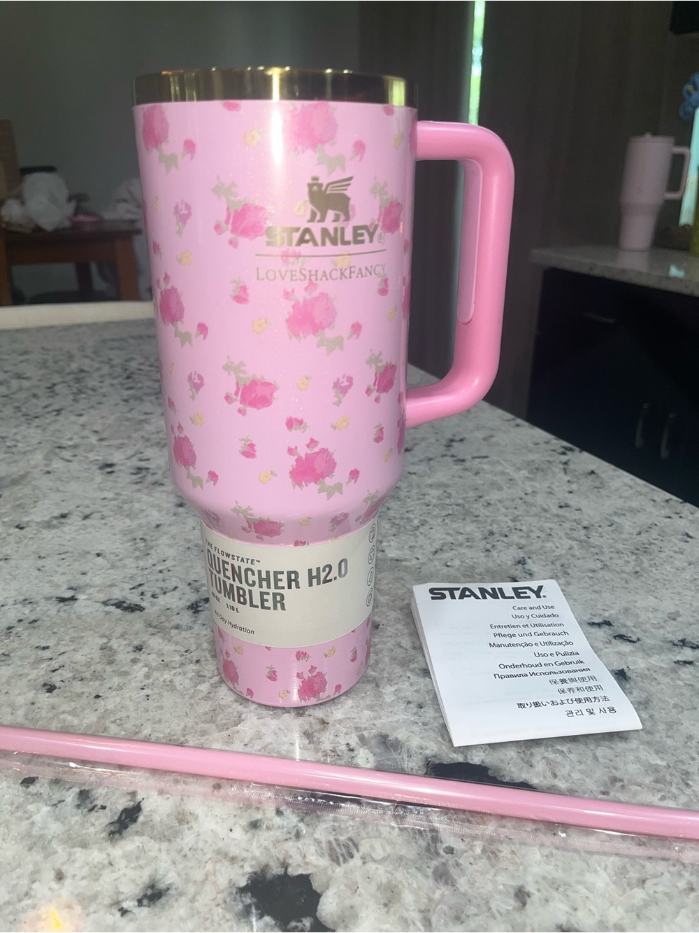 Stanley Love Shack Fancy Pink Floral Travel Mug with Gold Accent